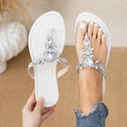 Summer new women's round toe solid color rhinestone thong elastic strap sandals