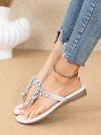 Summer new women's round toe solid color rhinestone thong elastic strap sandals